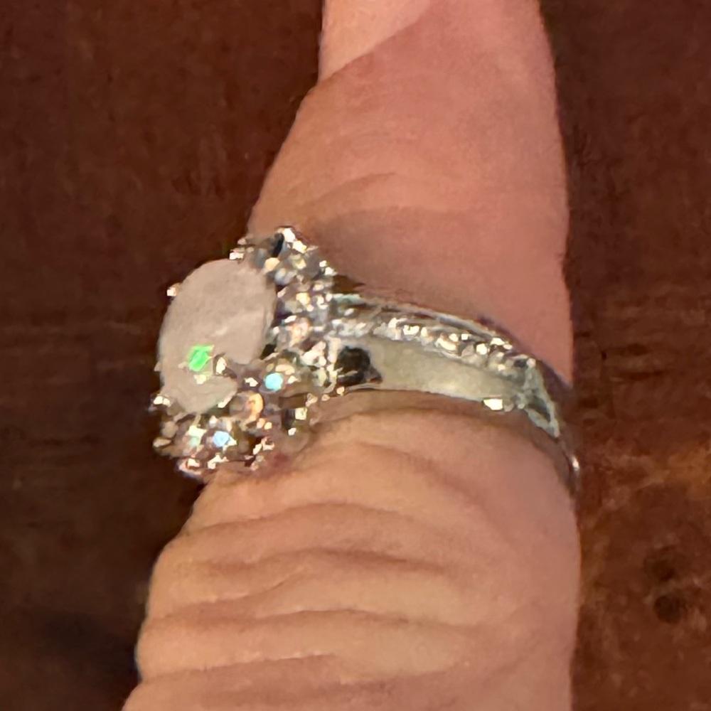 Opal Sunflower, Lab created, Flower Shape, Side Cubic Zirconia Fairy Ring, Sz 7 - Picture 10 of 13